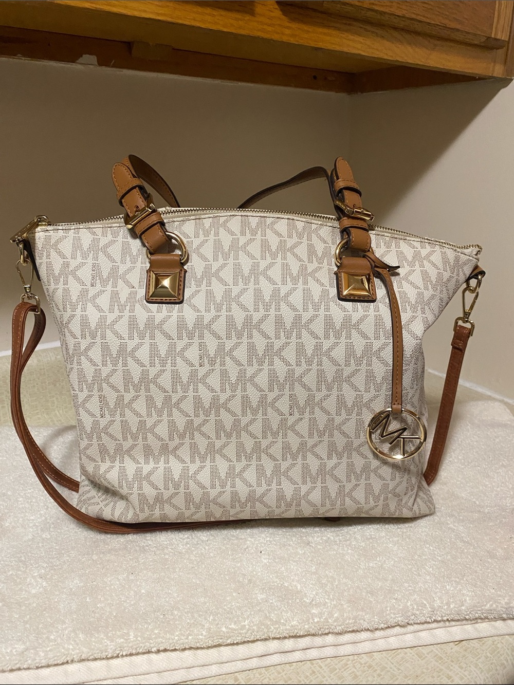 Michael Kors Cream and Tan Logo Shoulder Tote
